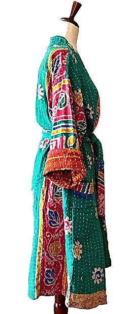 Short Fresh Colorful Print Cotton Kimono. Whimsical (Emerald)