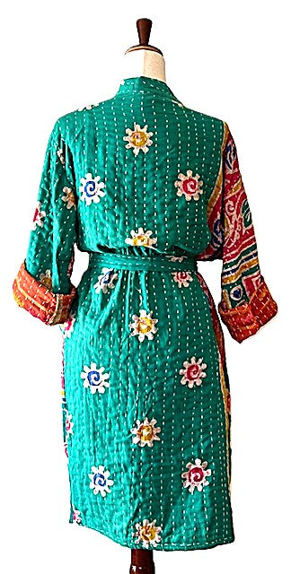 Short Fresh Colorful Print Cotton Kimono. Whimsical (Emerald)