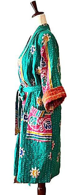 Short Fresh Colorful Print Cotton Kimono. Whimsical (Emerald)