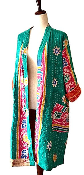 Short Fresh Colorful Print Cotton Kimono. Whimsical (Emerald)