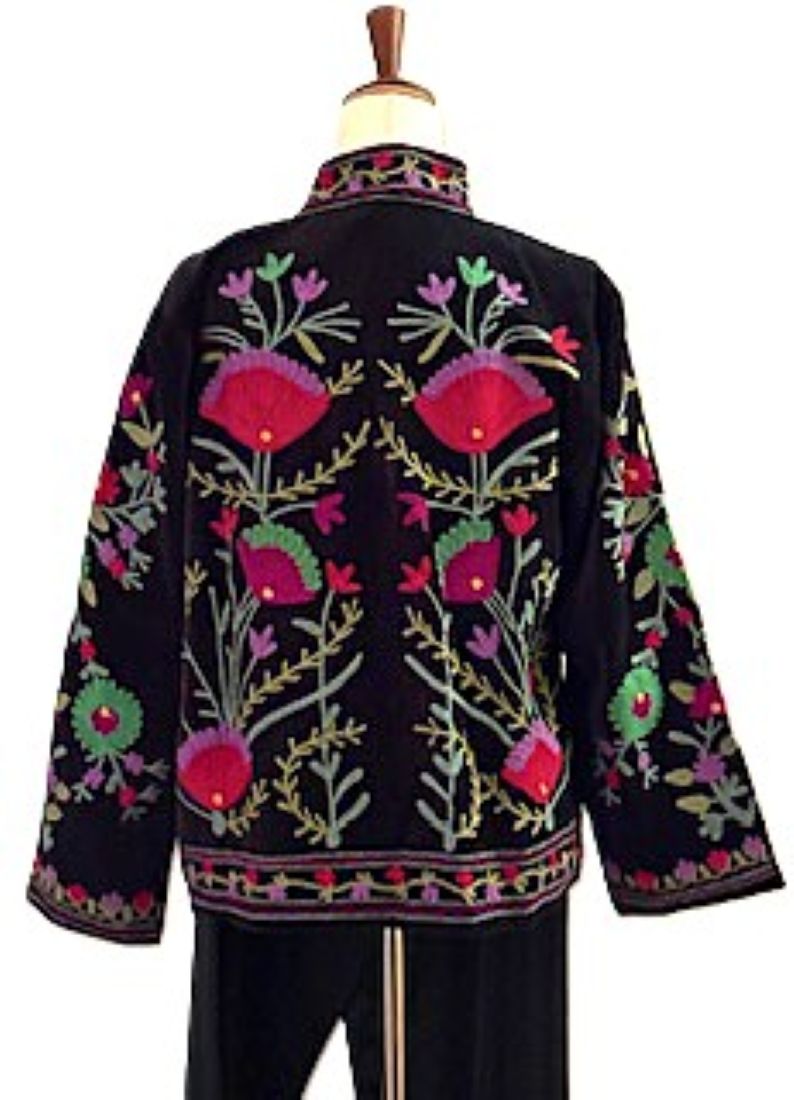 JJacket, Wearable Art In This Hand Embroidered Short Cotton Velvet (Black)