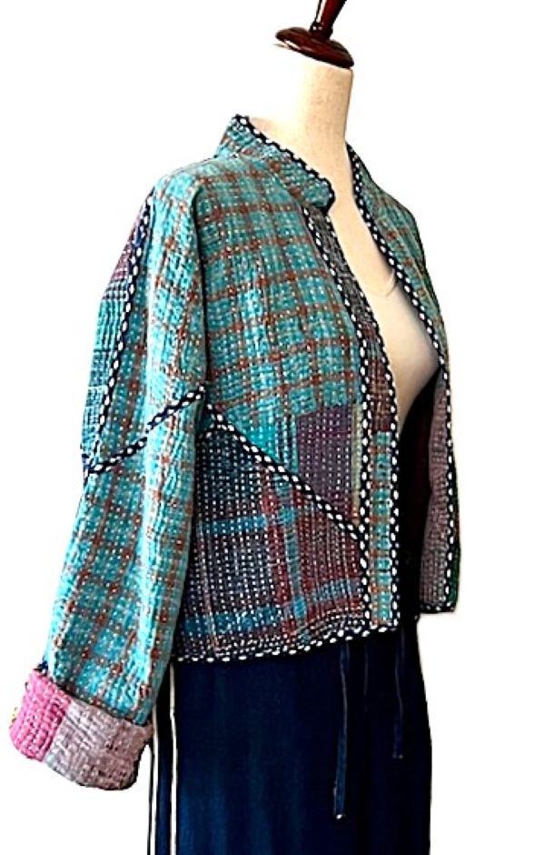 Short Quilted Baseball Style Jacket Is Handmade And Fully Reversible (Turquoise)