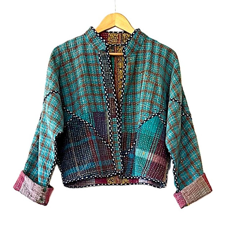Short Quilted Baseball Style Jacket Is Handmade And Fully Reversible (Turquoise)