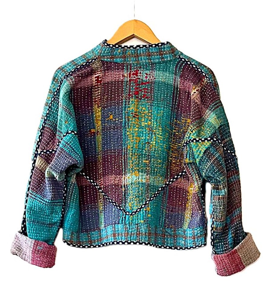 Short Quilted Baseball Style Jacket Is Handmade And Fully Reversible (Turquoise)
