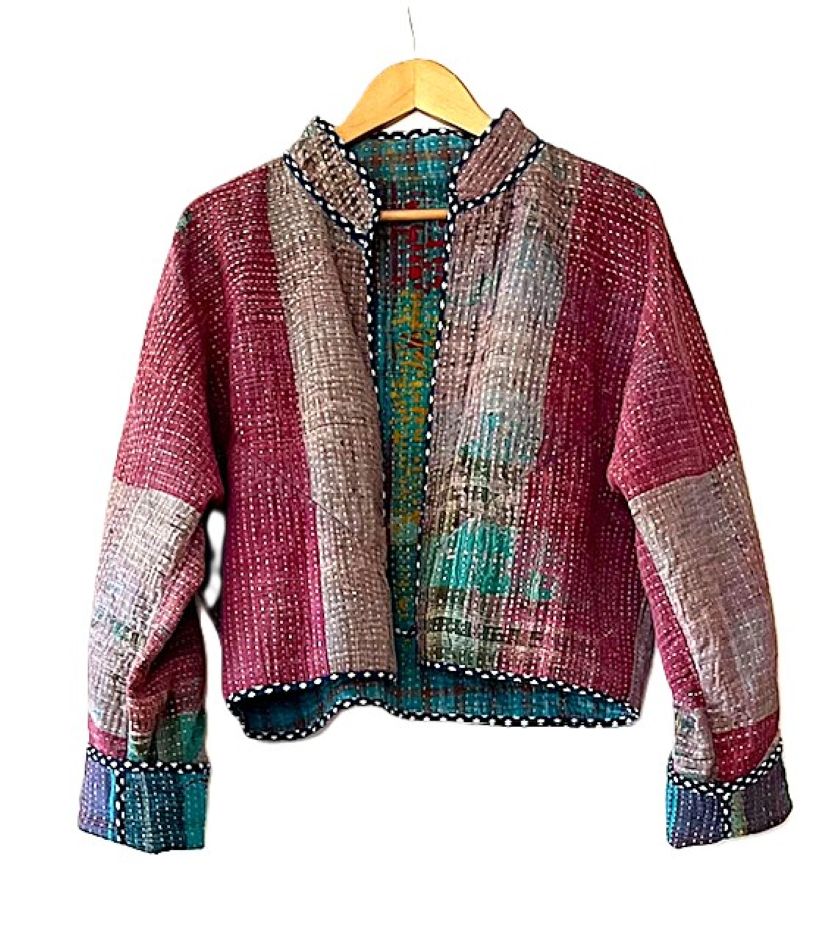 Short Quilted Baseball Style Jacket Is Handmade And Fully Reversible (Turquoise)