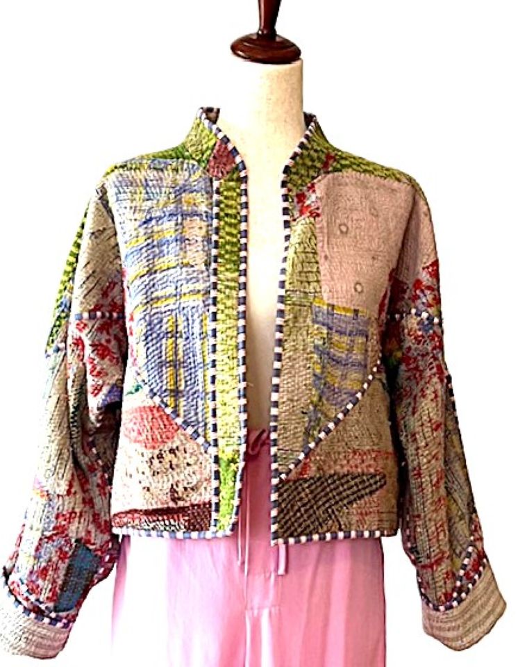 Short Quilted Baseball Style Jacket Is Handmade And Fully Reversible (Khaki)