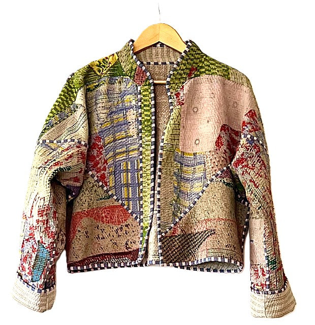 Short Quilted Baseball Style Jacket Is Handmade And Fully Reversible (Khaki)