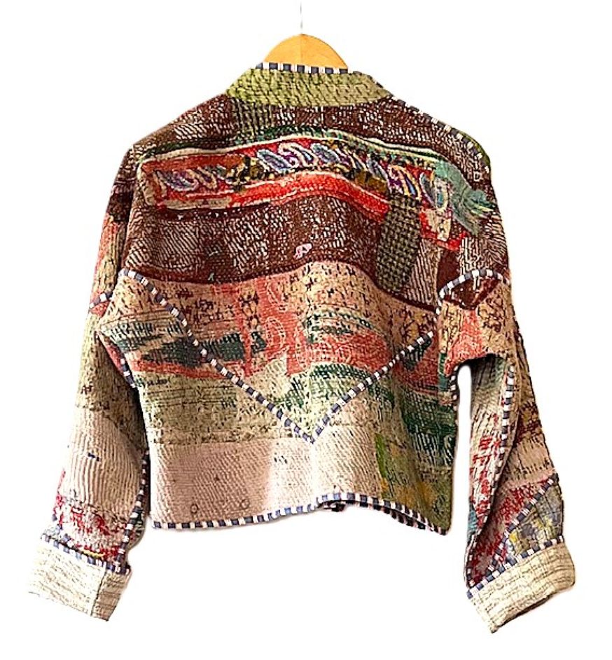 Short Quilted Baseball Style Jacket Is Handmade And Fully Reversible (Khaki)