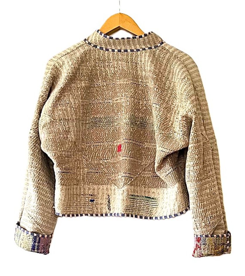 Short Quilted Baseball Style Jacket Is Handmade And Fully Reversible (Khaki)