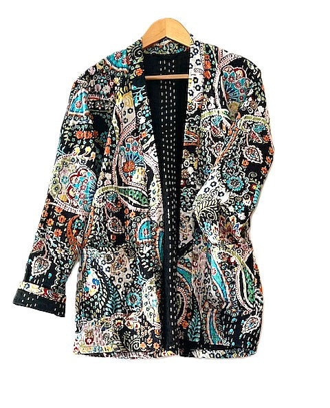 Short Cotton Quilted Jacket Handmade And Fully Reversible (Black print)