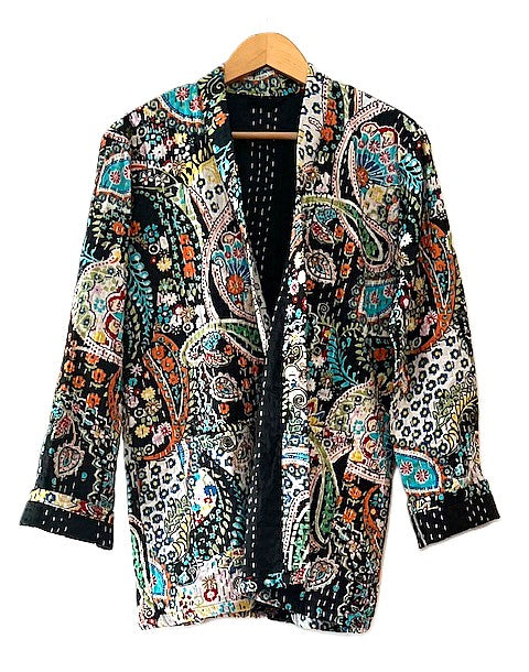 Short Cotton Quilted Jacket Handmade And Fully Reversible (Black print)