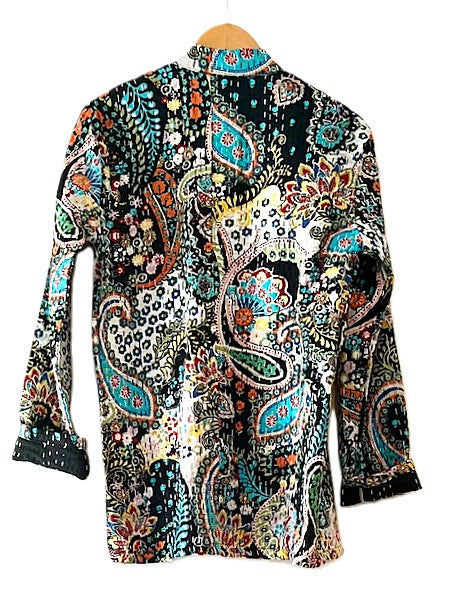 Short Cotton Quilted Jacket Handmade And Fully Reversible (Black print)