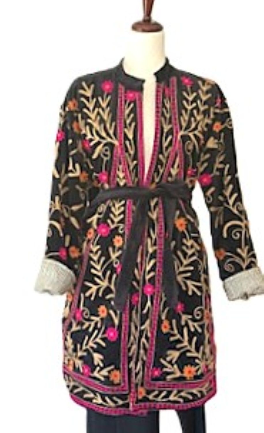 Wearable Art: Elaborate Hand Embroidered Knee Length Jacket. (Black)