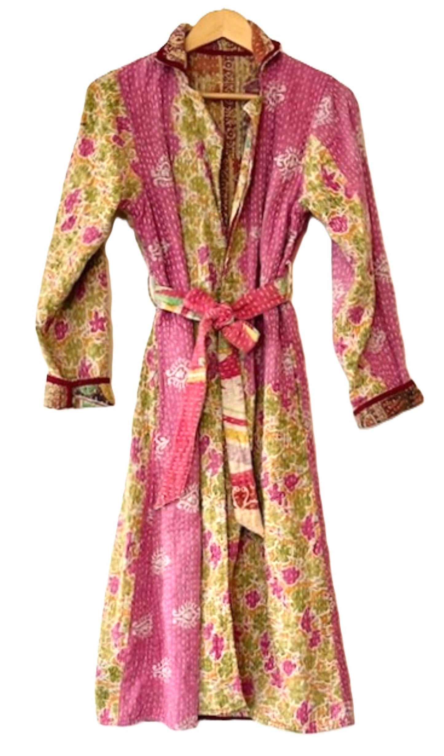 New Vintage Kantha Quilted Reversible Trench Coat, Pink Multi
