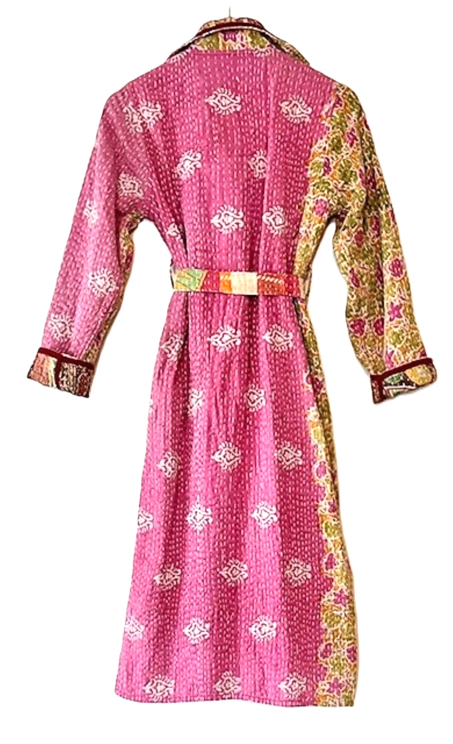 New Vintage Kantha Quilted Reversible Trench Coat, Pink Multi