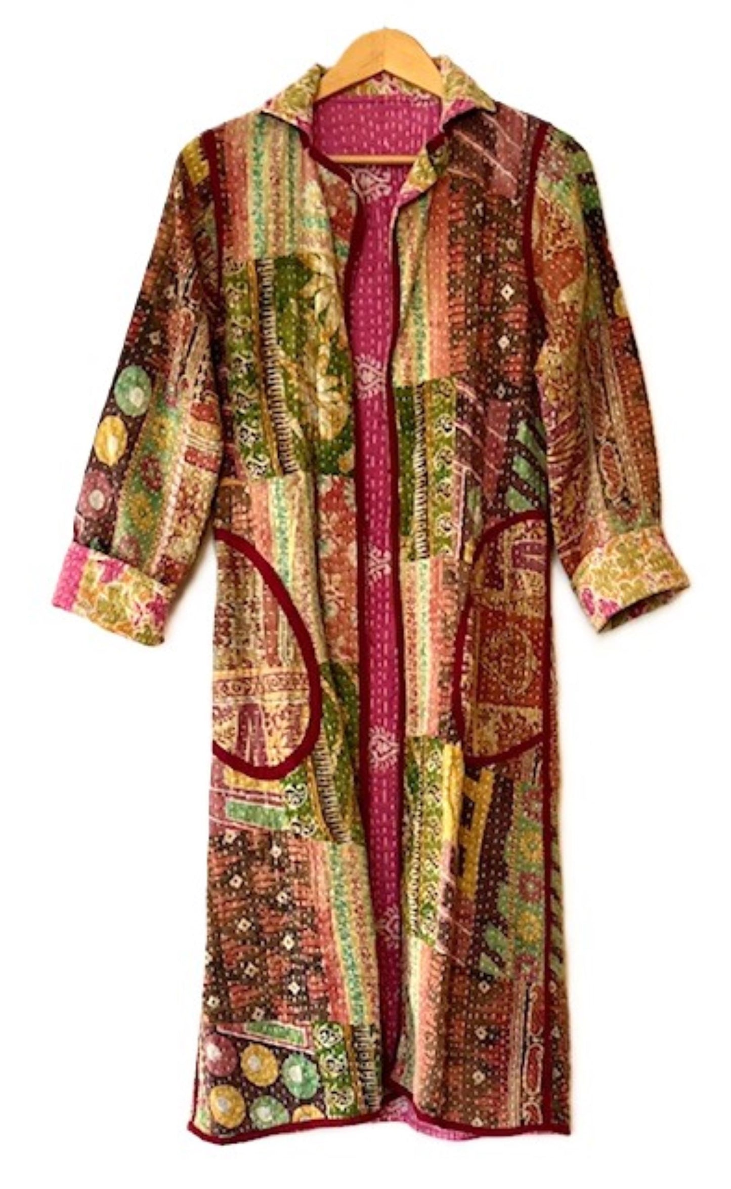 New Vintage Kantha Quilted Reversible Trench Coat, Pink Multi