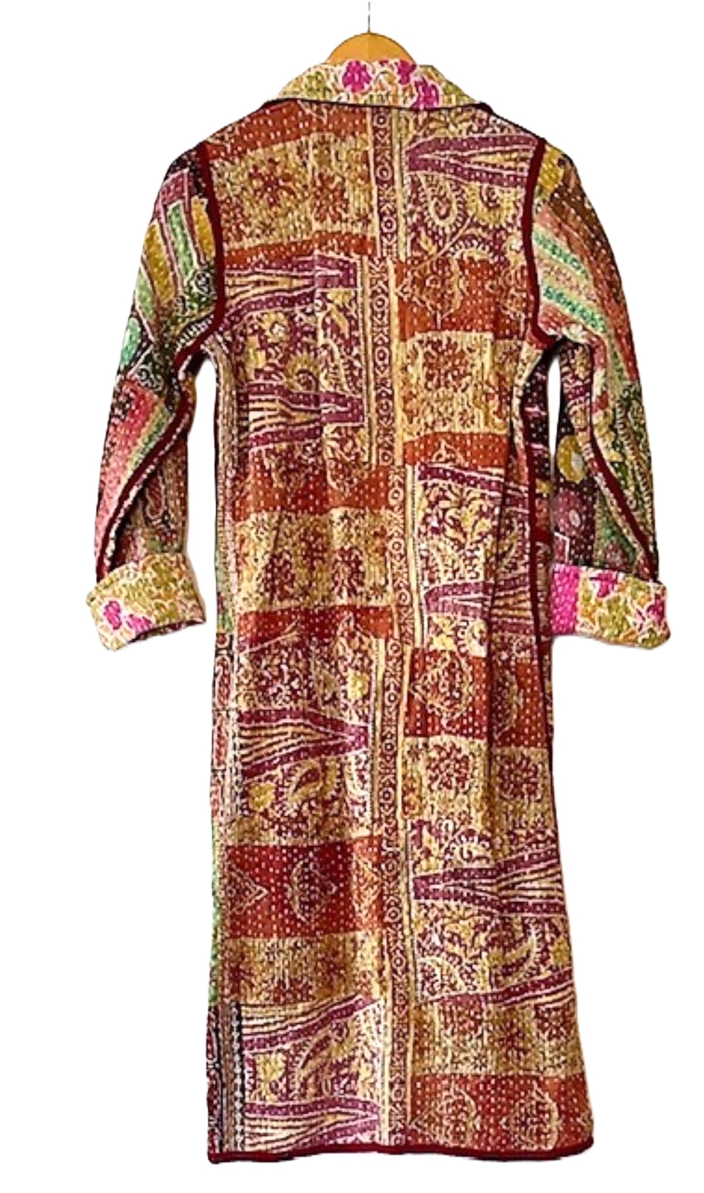 New Vintage Kantha Quilted Reversible Trench Coat, Pink Multi