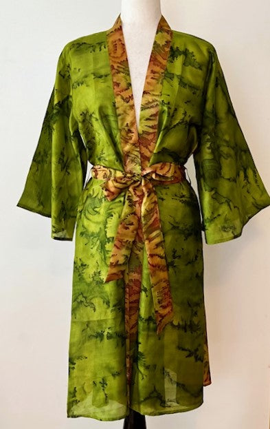 Exceptional Print In Our Cape Sleeve Silk Kimono Duster Dress (Avocado)
