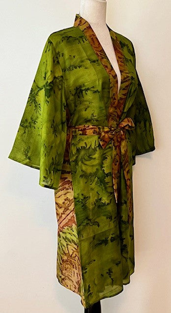 Exceptional Print In Our Cape Sleeve Silk Kimono Duster Dress (Avocado)