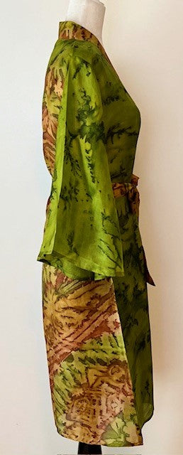 Exceptional Print In Our Cape Sleeve Silk Kimono Duster Dress (Avocado)