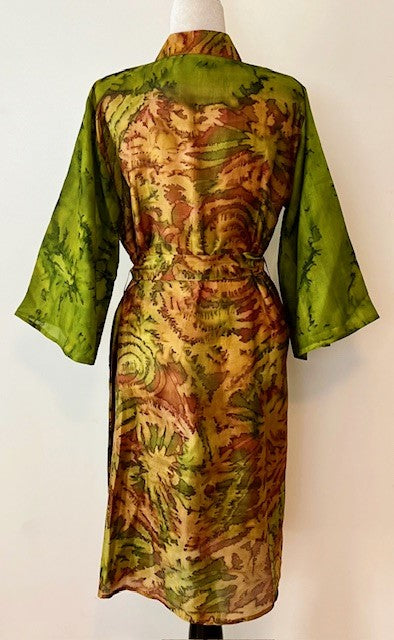 Exceptional Print In Our Cape Sleeve Silk Kimono Duster Dress (Avocado)