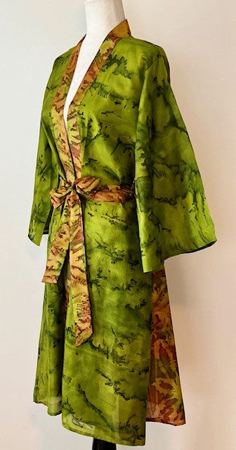 Exceptional Print In Our Cape Sleeve Silk Kimono Duster Dress (Avocado)