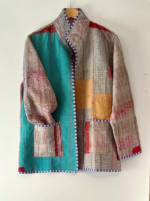 Handmade Indian Vintage Cotton Kantha Jacket, Reversible Multi Pastel