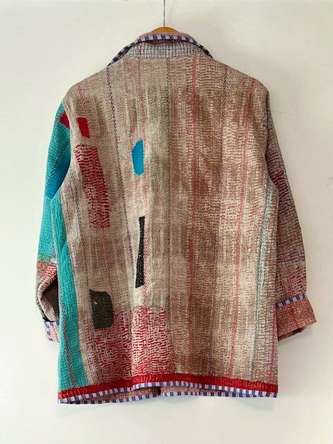 Handmade Indian Vintage Cotton Kantha Jacket, Reversible Multi Pastel