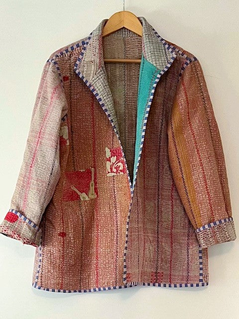 Handmade Indian Vintage Cotton Kantha Jacket, Reversible Multi Pastel