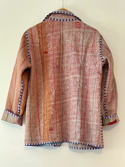 Handmade Indian Vintage Cotton Kantha Jacket, Reversible Multi Pastel