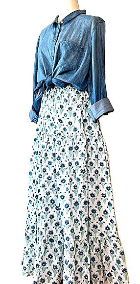 Skirt: Long Cotton Tiered Skirt with Pockets is a must in your wardrobe (Blue Flowers)