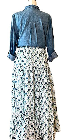 Skirt: Long Cotton Tiered Skirt with Pockets is a must in your wardrobe (Blue Flowers)