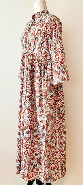 Tailored Floral Block Print Cotton Midi Dress Looks Crisp and Professional (Beige)