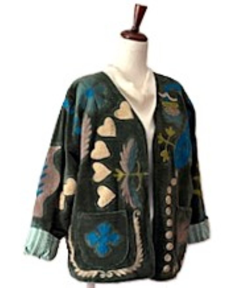 Jacket, Wearable Art Blends Traditional Art With Contemporary Fashion. Whimsical.(Avocado)