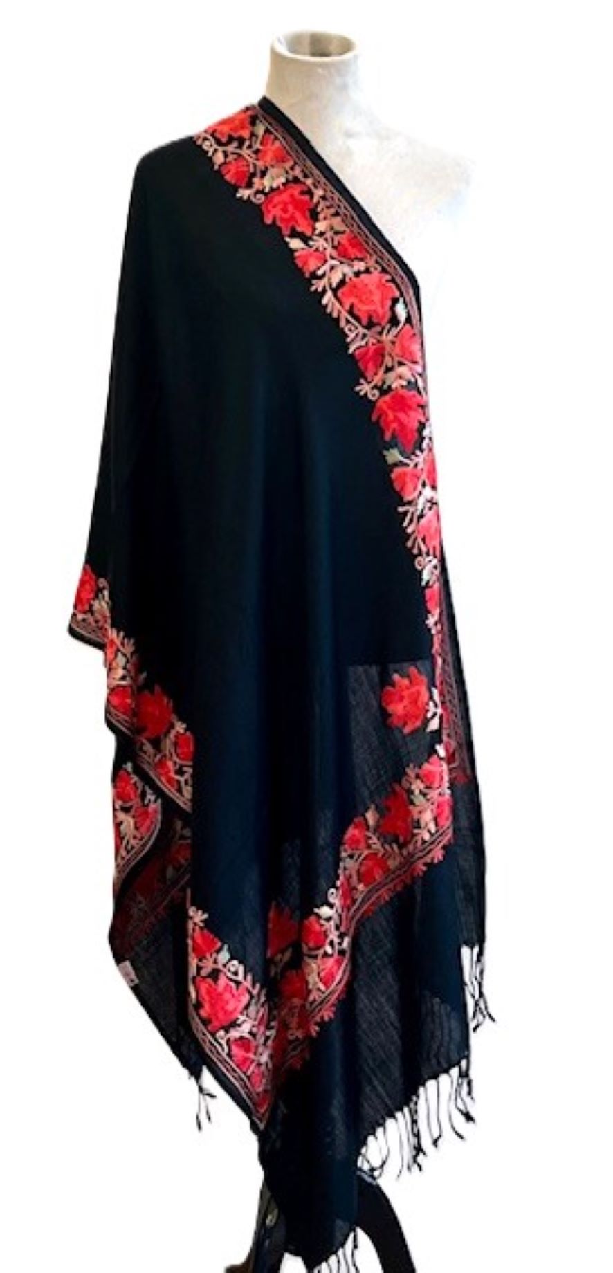 Taj Embroidered Wool Shawl. Embroidered Border. Black with Red