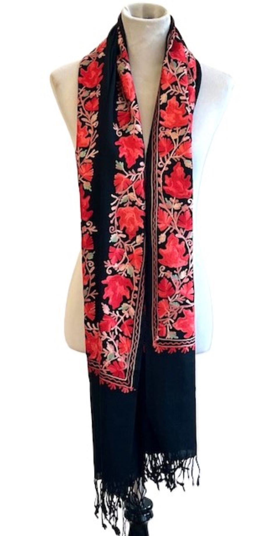 Taj Embroidered Wool Shawl. Embroidered Border. Black with Red