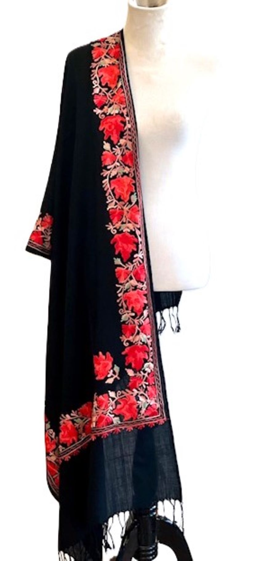 Taj Embroidered Wool Shawl. Embroidered Border. Black with Red