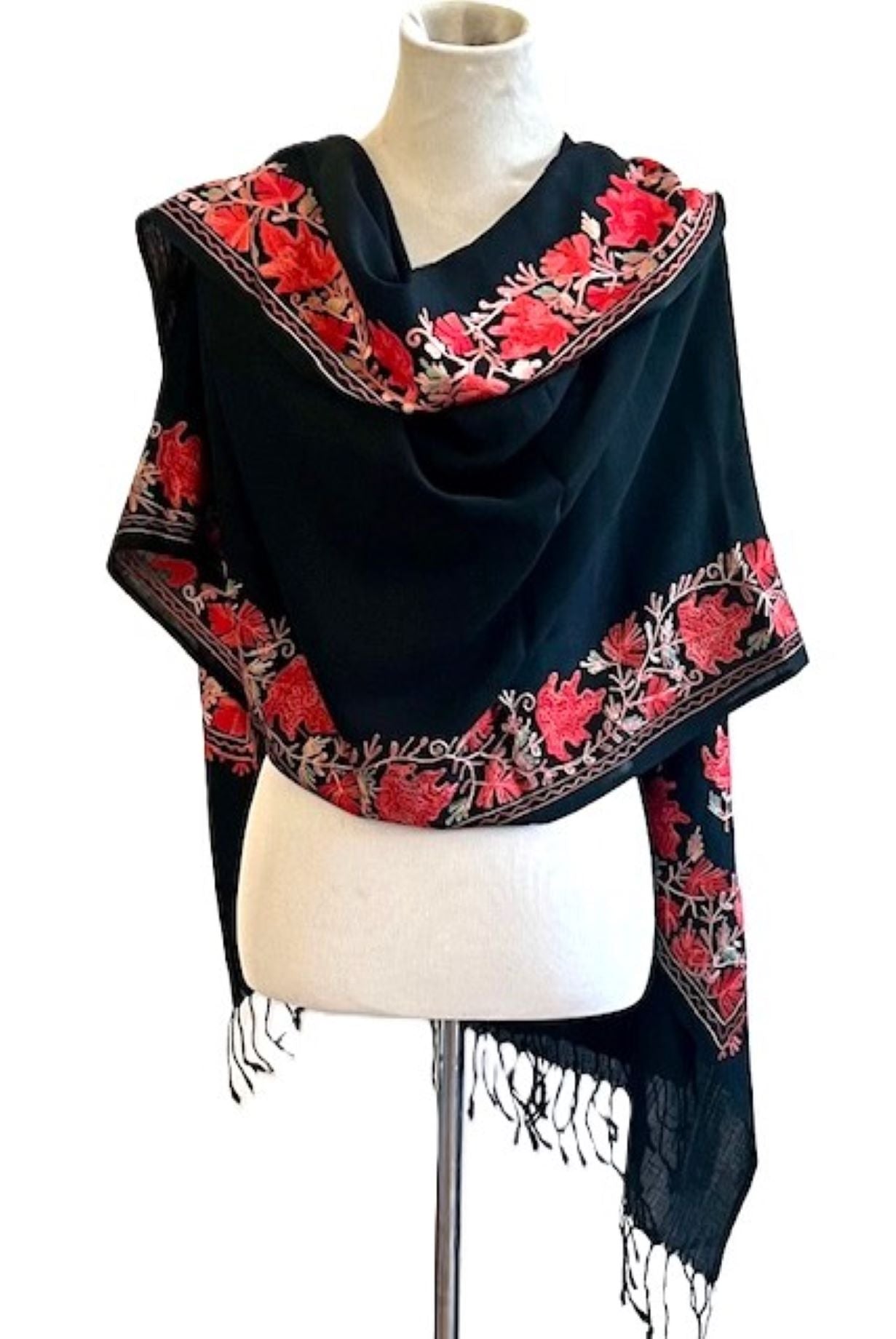Taj Embroidered Wool Shawl. Embroidered Border. Black with Red
