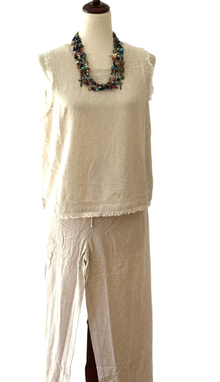 Pant Sets, Linen Crop Top With Banded Waist Pants (Natural)