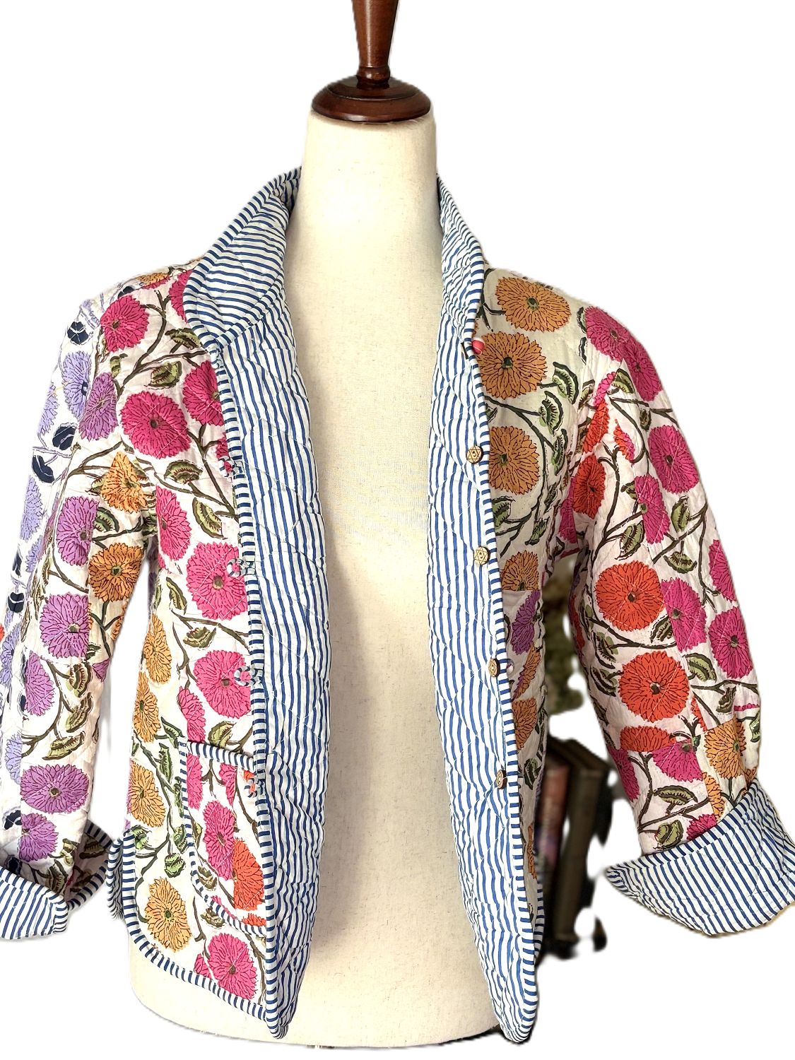 Reversible Quilted Cotton Jacket: Handmade Striped Floral Print Blazer (Wine) (Copy)