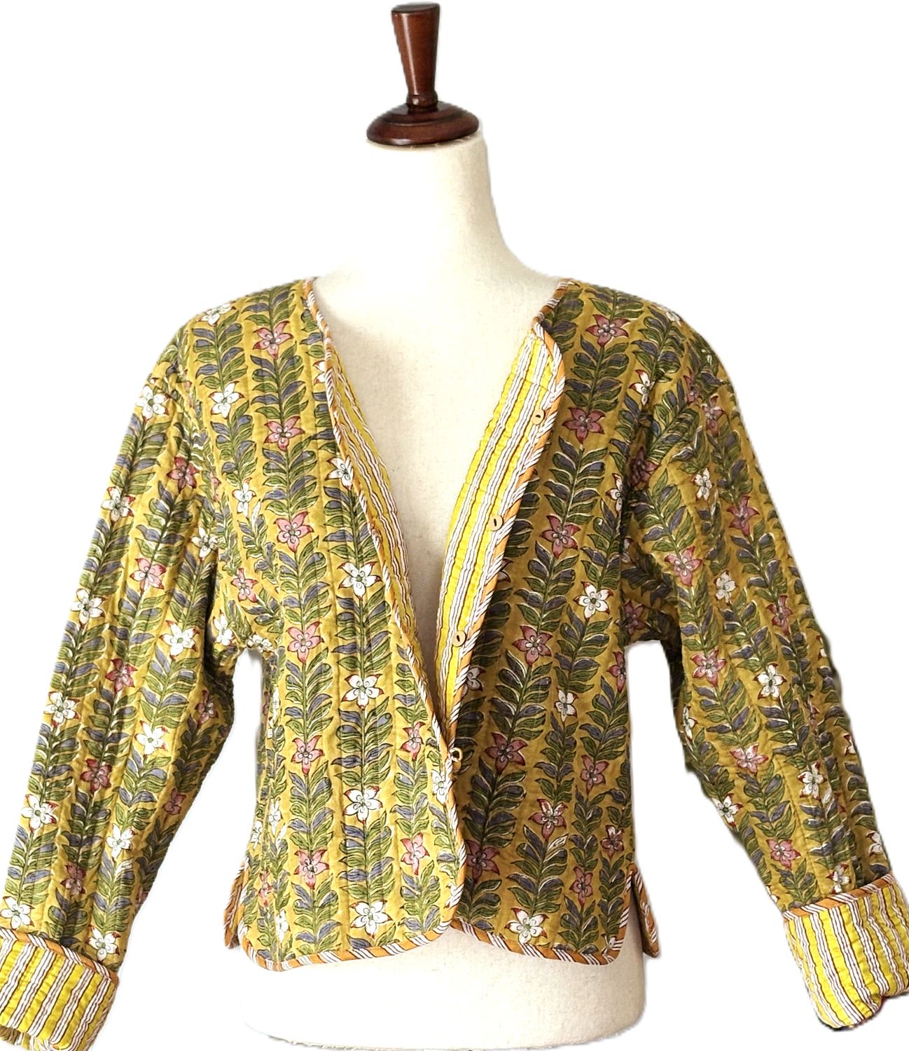 Reversible Quilted Cotton Jacket: Handmade Striped Floral Print Blazer.