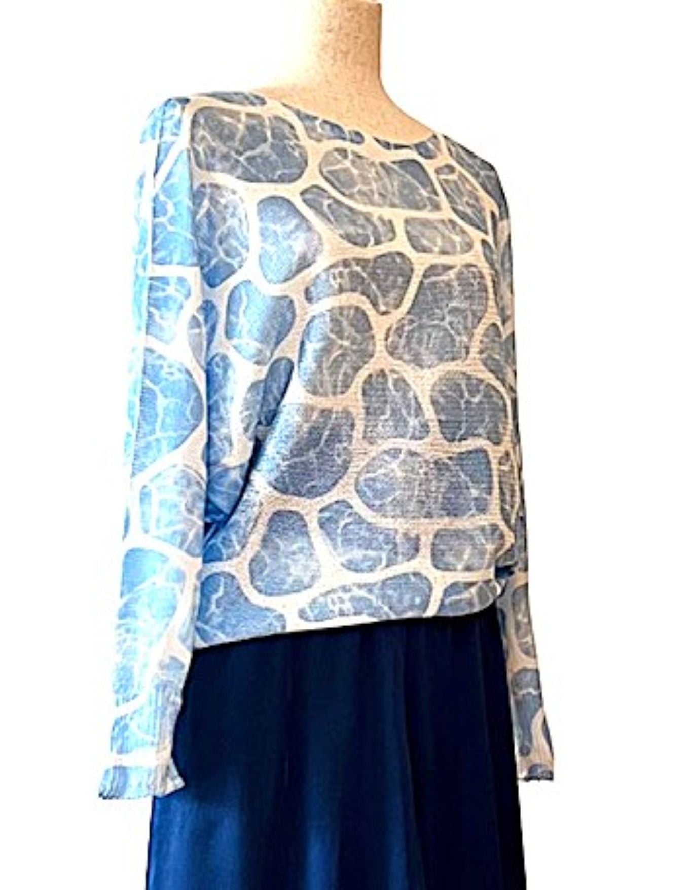Italian Knit Sweater, Soft Abstract Print In Aqua.