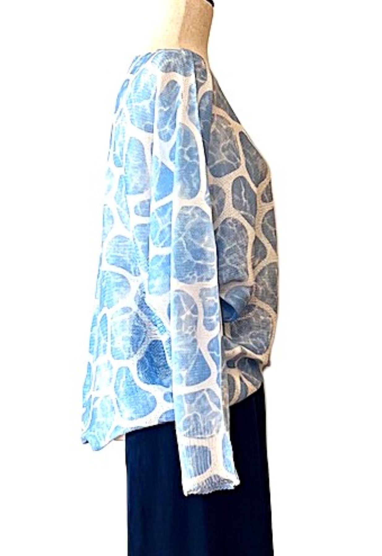 Italian Knit Sweater, Soft Abstract Print In Aqua.