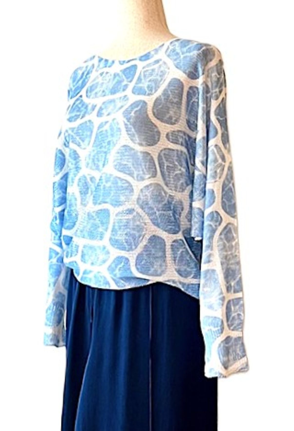 Italian Knit Sweater, Soft Abstract Print In Aqua.
