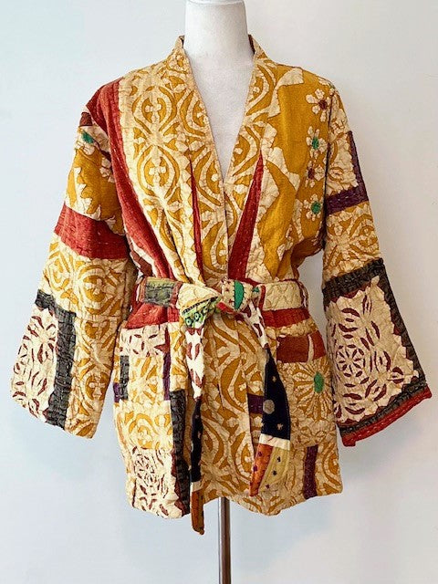 Artisan Cutwork Cotton Kantha Long Sleeve Jacket (Gold)