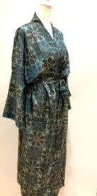 Luxurious Muted Floral Silk Kimono Duster in Soft Grey/Aqua/Seafoam