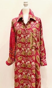 Long Kantha Button Down Jacket With Collar Looks Sharp (Red Floral)