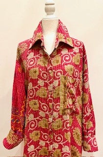 Long Kantha Button Down Jacket With Collar Looks Sharp (Red Floral)