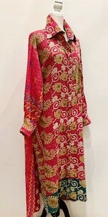 Long Kantha Button Down Jacket With Collar Looks Sharp (Red Floral)