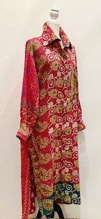 Long Kantha Button Down Jacket With Collar Looks Sharp (Red Floral)